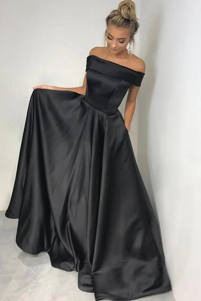 shoulder Black Satin Prom Dresses ...